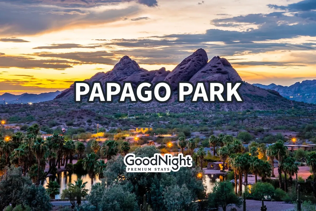A tranquil scene of Papago Park with its distinctive red rock mountains, a peaceful pond, and tall palm trees swaying under a clear sky. The natural setting is ideal for hiking, photography, and outdoor relaxation.